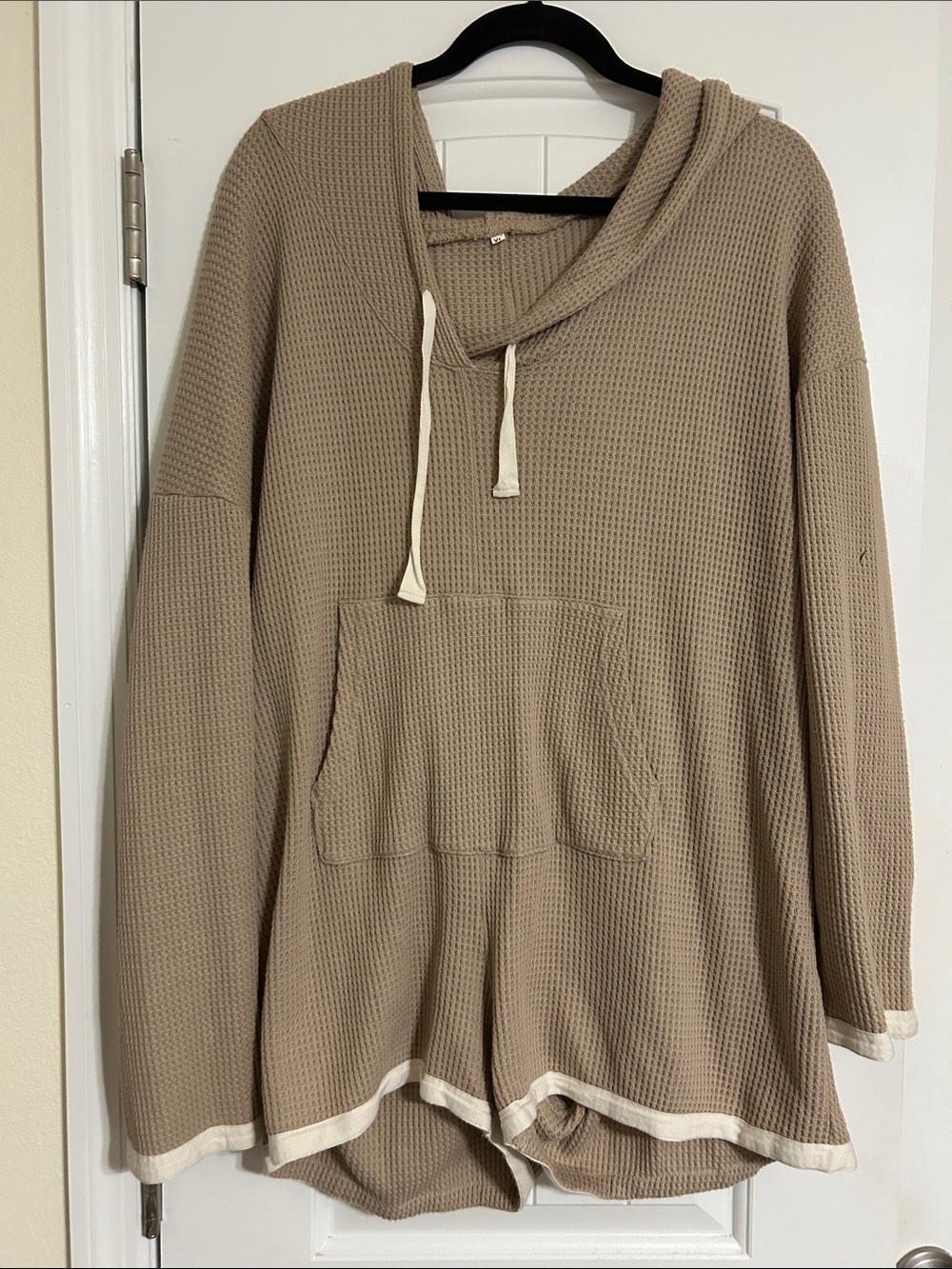 Amazon Taupe Waffle-Knit Hooded Romper with Cream Trim